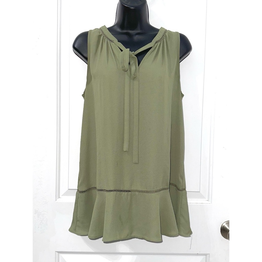 Mossimo olive green semi-sheer sleeveless blouse with a tie-neck and ruffle hem